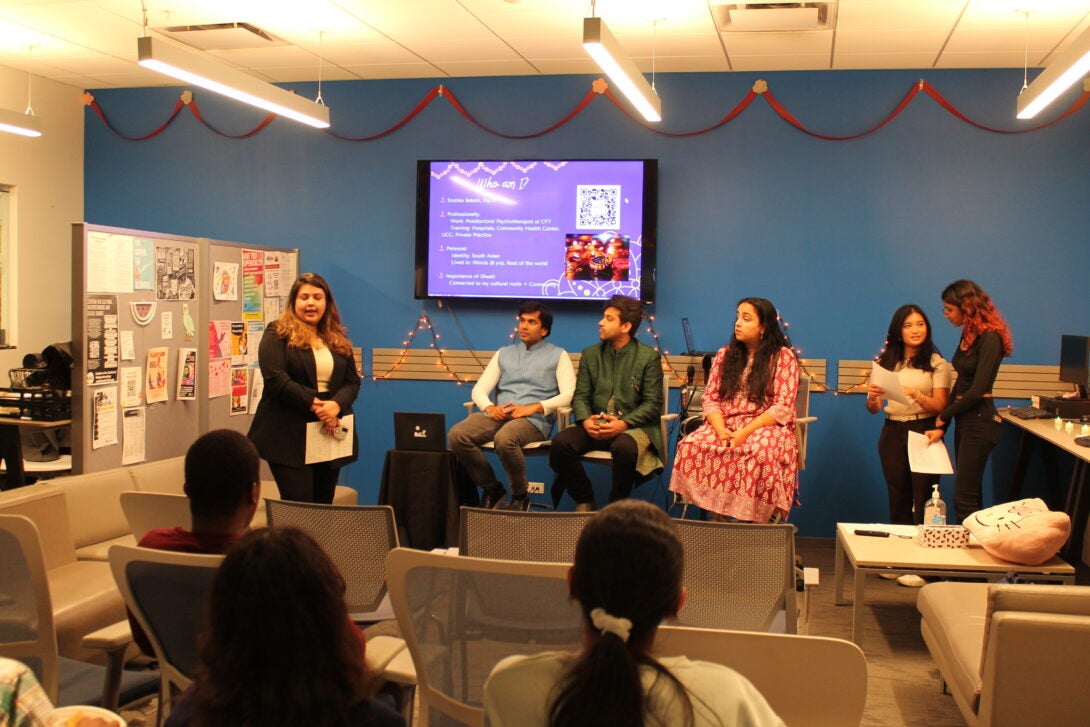 Abby and Eden at Diwali panel with Dr. Asha Rao, Yash Hatkar, Vivek Agrawal, and Dr. Srutika Bakshi