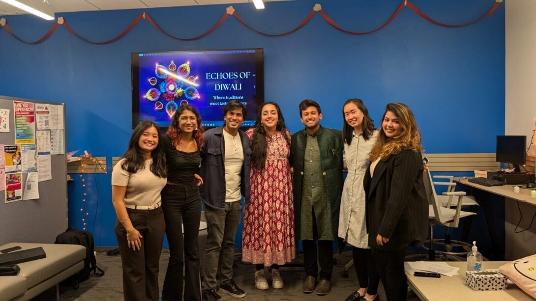 Abby and Eden at Diwali panel with Dr. Asha Rao, Yash Hatkar, Vivek Agrawal, and Dr. Srutika Bakshi